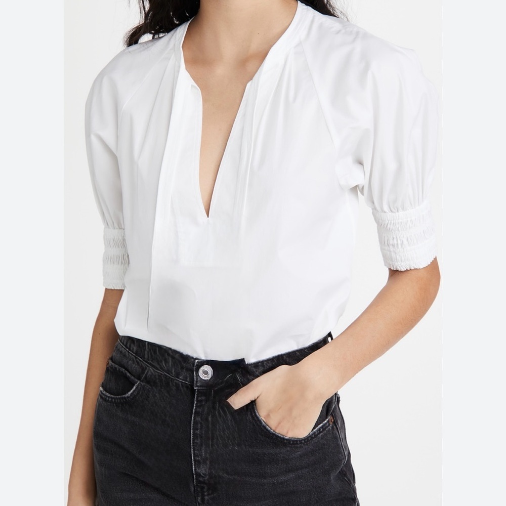 Evereve Smocked Puff-Sleeve Poplin Blouse in White Women’s Size XS